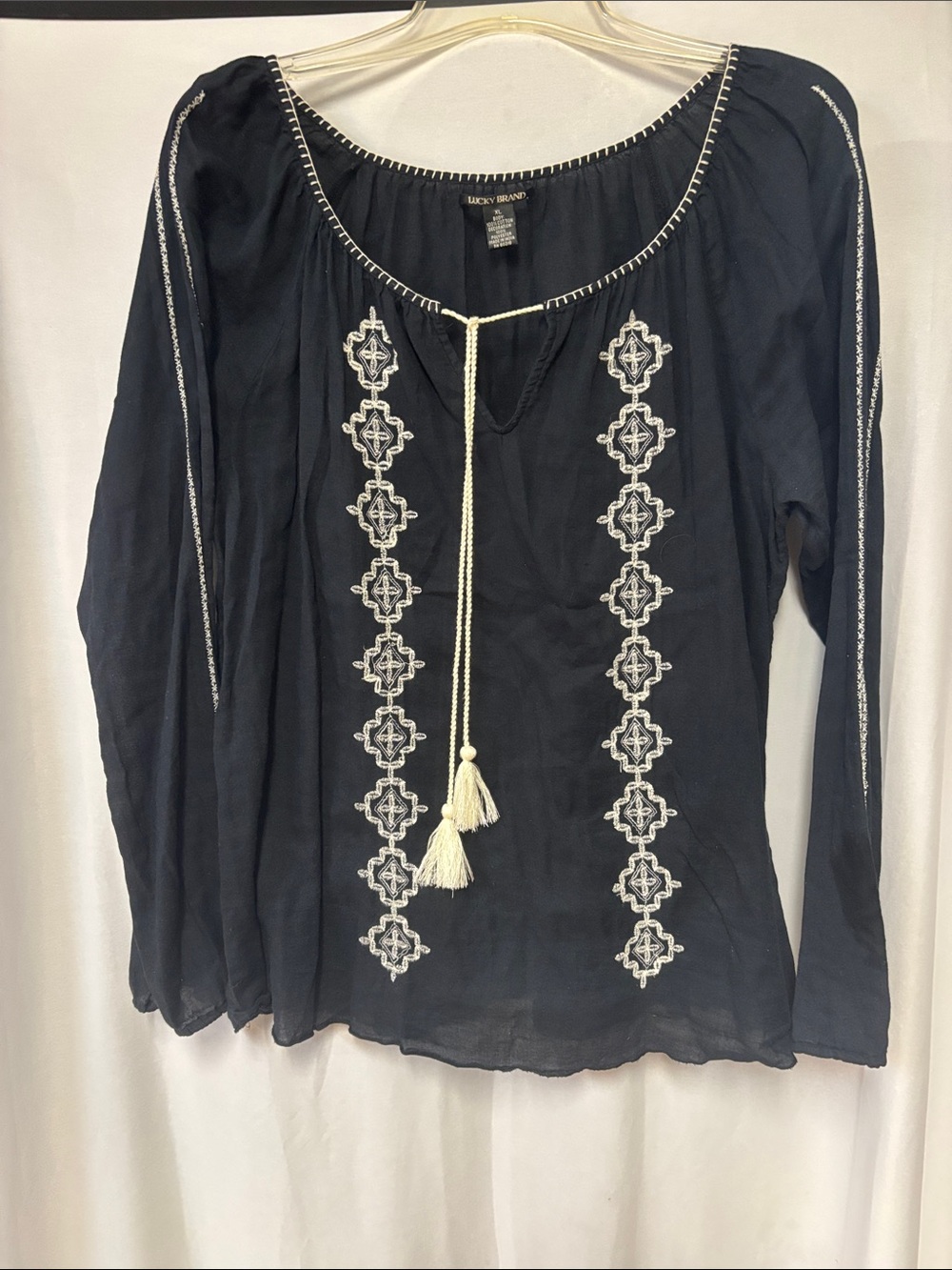 Lucky Brand Black Peasant Blouse with White Embroidery
